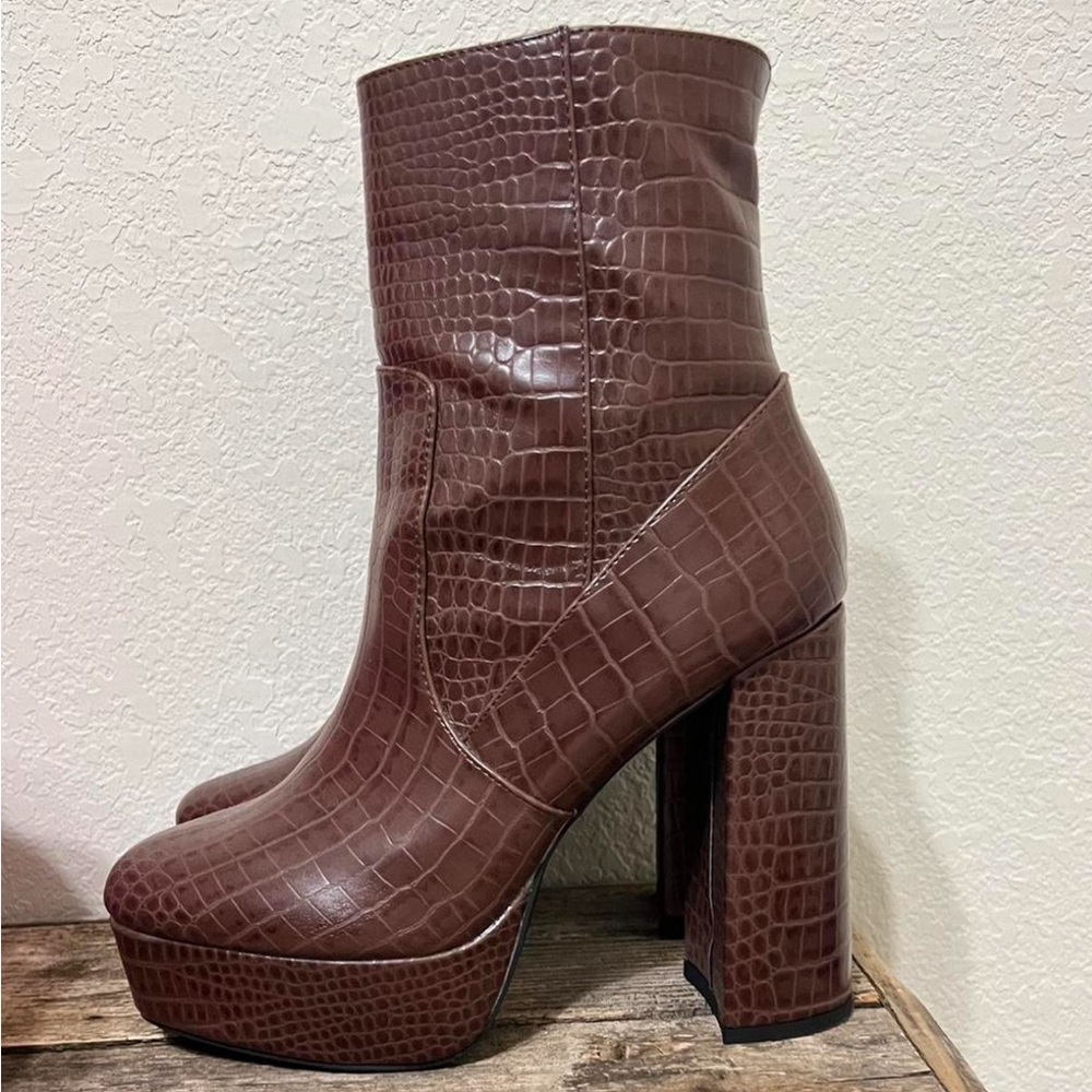Public Desire brown faux snake skin booties